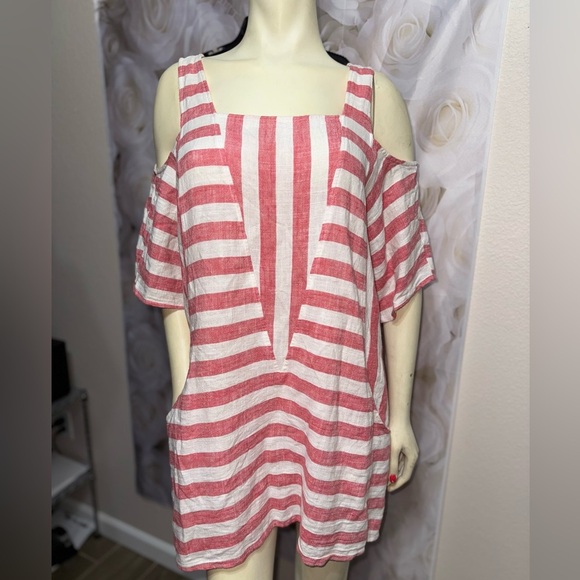 Soft Surroundings  Linen Red Striped Sunset Tunic Cold Shoulder Top /Dress L - Picture 8 of 14